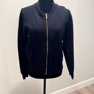 Classic Black Zip-Front Cardigan with Gold Hardware